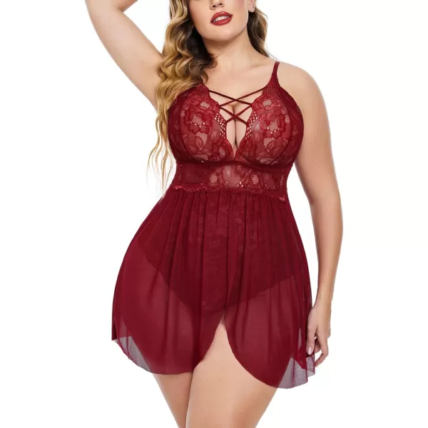 Avidlove Plus Size Babydoll Womens Snap Crotch Lingerie V Neck Lace Nighty Sleepwear L5XLWine Red