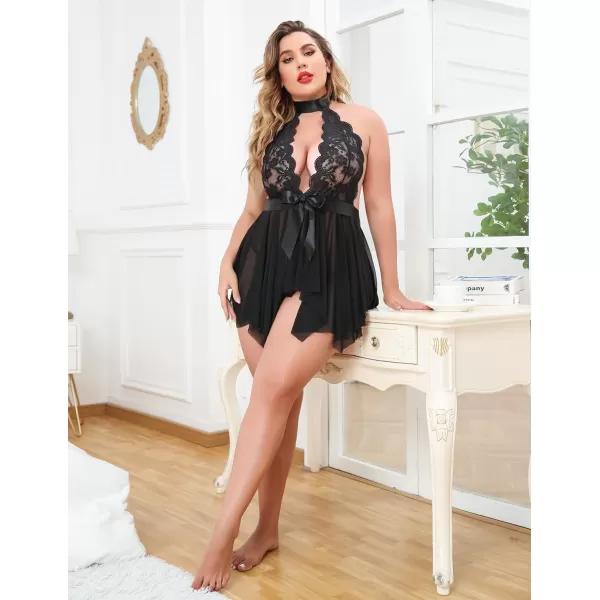 Avidlove Plus Size Babydoll for Women High Waist Teddy Chemise Floral Lace Lingerie1black