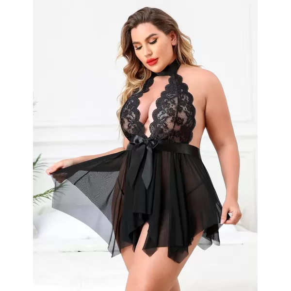 Avidlove Plus Size Babydoll for Women High Waist Teddy Chemise Floral Lace Lingerie1black