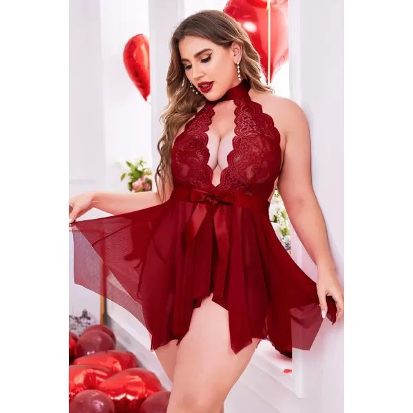 Avidlove Plus Size Babydoll for Women High Waist Teddy Chemise Floral Lace LingerieCherry Red