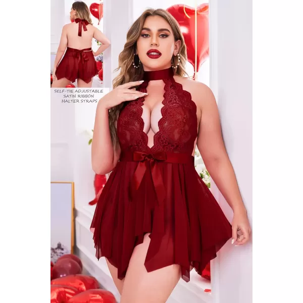 Avidlove Plus Size Babydoll for Women High Waist Teddy Chemise Floral Lace LingerieCherry Red