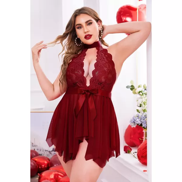 Avidlove Plus Size Babydoll for Women High Waist Teddy Chemise Floral Lace LingerieCherry Red