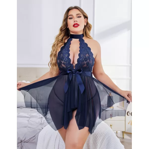 Avidlove Plus Size Babydoll for Women High Waist Teddy Chemise Floral Lace LingerieNavy Blue