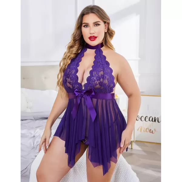 Avidlove Plus Size Babydoll for Women High Waist Teddy Chemise Floral Lace LingeriePurple