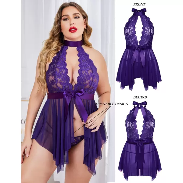 Avidlove Plus Size Babydoll for Women High Waist Teddy Chemise Floral Lace LingeriePurple