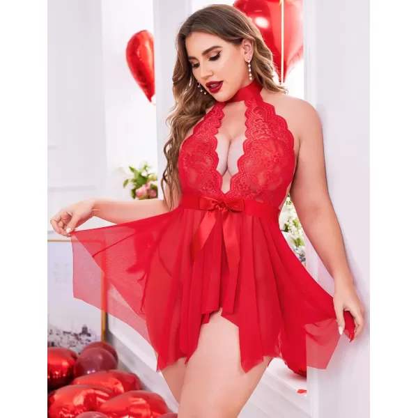 Avidlove Plus Size Babydoll for Women High Waist Teddy Chemise Floral Lace LingerieRed