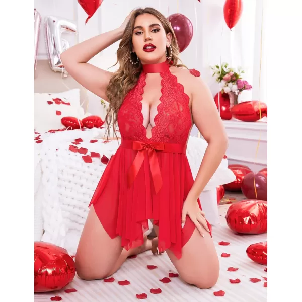 Avidlove Plus Size Babydoll for Women High Waist Teddy Chemise Floral Lace LingerieRed