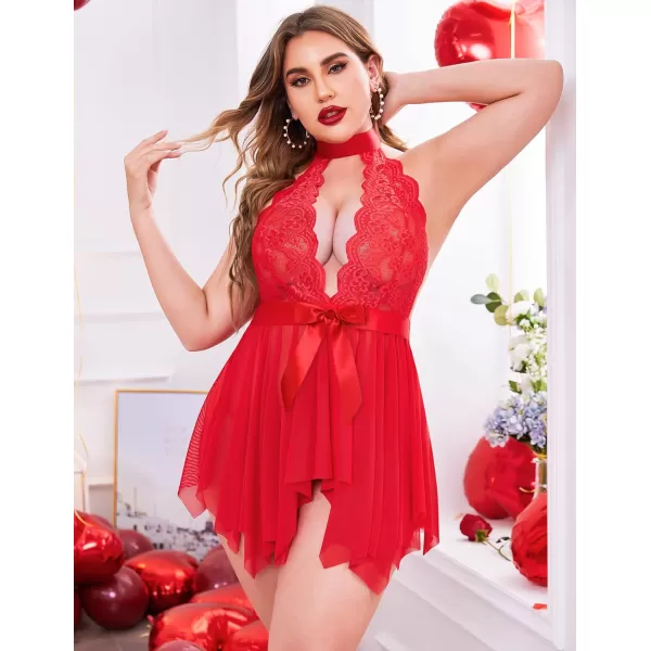 Avidlove Plus Size Babydoll for Women High Waist Teddy Chemise Floral Lace LingerieRed