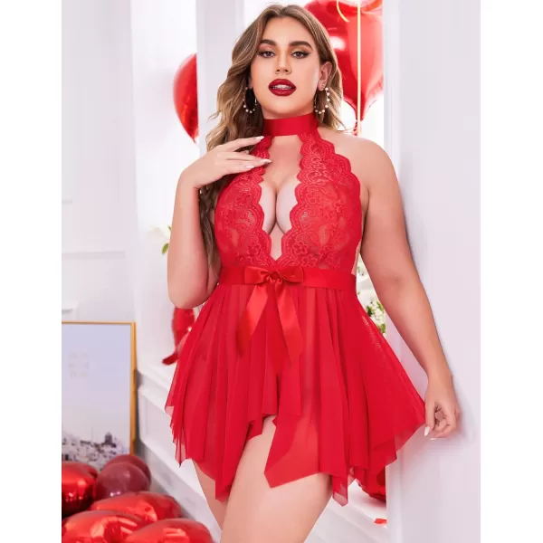 Avidlove Plus Size Babydoll for Women High Waist Teddy Chemise Floral Lace LingerieRed