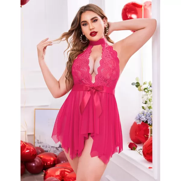 Avidlove Plus Size Babydoll for Women High Waist Teddy Chemise Floral Lace LingerieRose Red