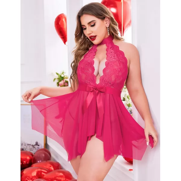 Avidlove Plus Size Babydoll for Women High Waist Teddy Chemise Floral Lace LingerieRose Red