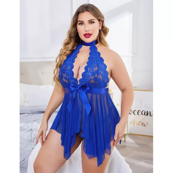 Avidlove Plus Size Babydoll for Women High Waist Teddy Chemise Floral Lace LingerieRoyal Blue