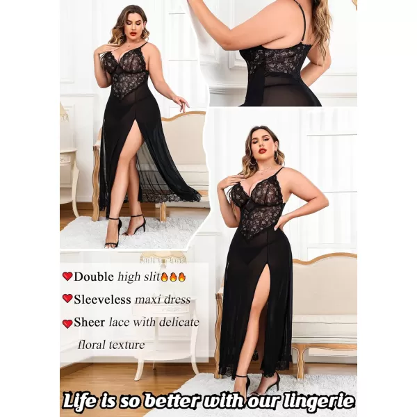 Avidlove Plus Size Lingerie For Women Babydoll Sexy Mesh Maxi Nightdress Strappy Exotic Sleepwear Side SlitsBlack