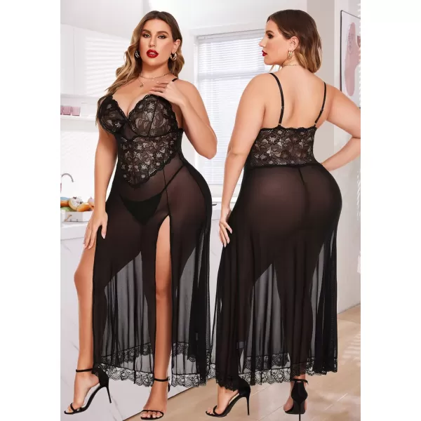 Avidlove Plus Size Lingerie For Women Babydoll Sexy Mesh Maxi Nightdress Strappy Exotic Sleepwear Side SlitsBlack