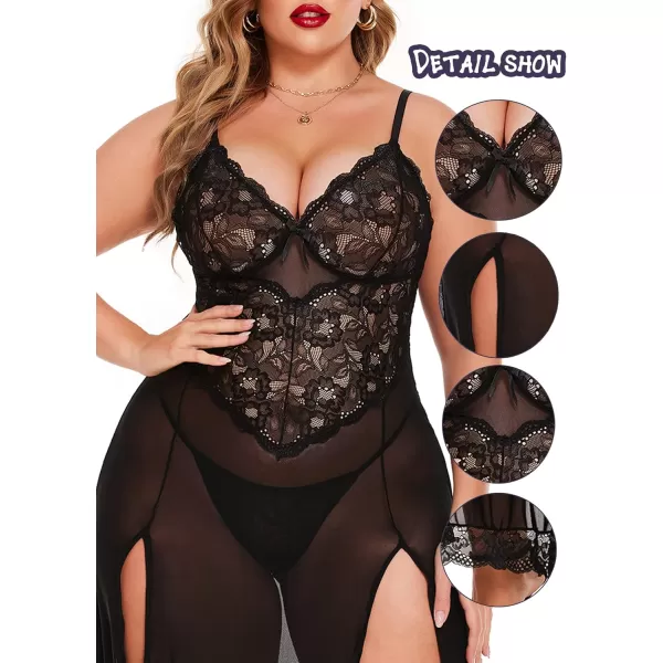 Avidlove Plus Size Lingerie For Women Babydoll Sexy Mesh Maxi Nightdress Strappy Exotic Sleepwear Side SlitsBlack