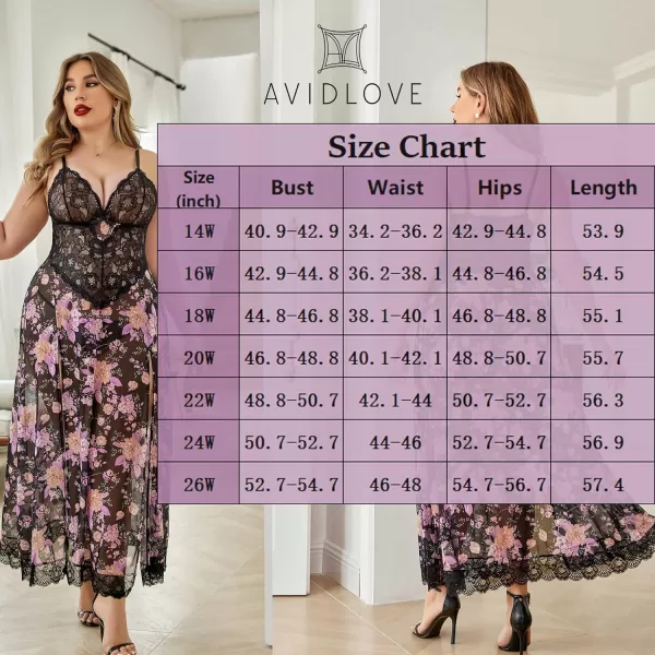 Avidlove Plus Size Lingerie For Women Babydoll Sexy Mesh Maxi Nightdress Strappy Exotic Sleepwear Side SlitsBlack Floral