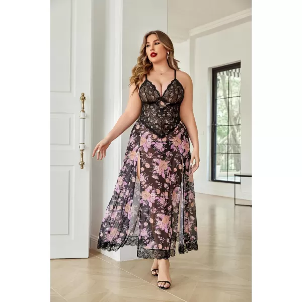 Avidlove Plus Size Lingerie For Women Babydoll Sexy Mesh Maxi Nightdress Strappy Exotic Sleepwear Side SlitsBlack Floral