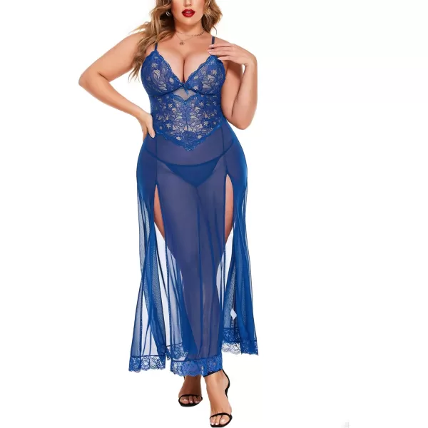 Avidlove Plus Size Lingerie For Women Babydoll Sexy Mesh Maxi Nightdress Strappy Exotic Sleepwear Side SlitsBlue