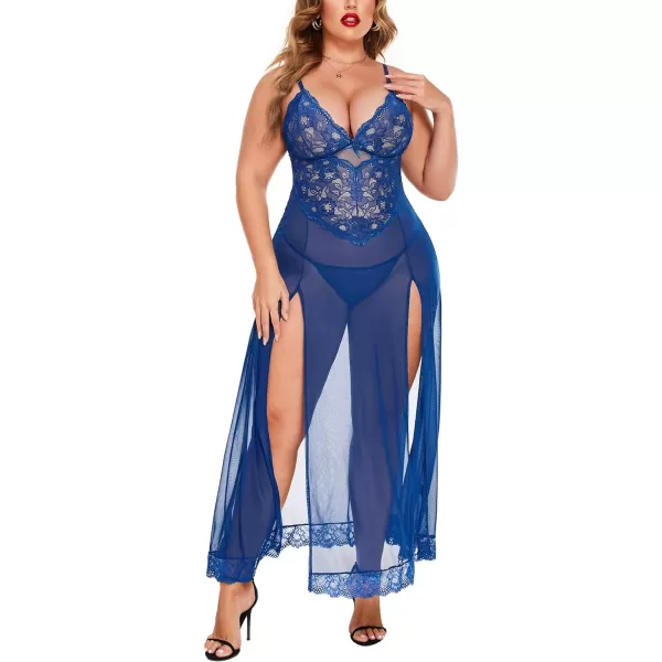 Avidlove Plus Size Lingerie For Women Babydoll Sexy Mesh Maxi Nightdress Strappy Exotic Sleepwear Side SlitsBlue