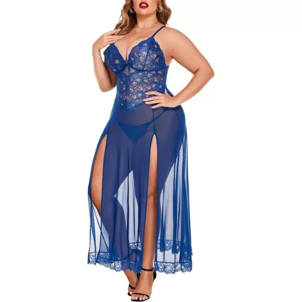 Avidlove Plus Size Lingerie For Women Babydoll Sexy Mesh Maxi Nightdress Strappy Exotic Sleepwear Side SlitsBlue