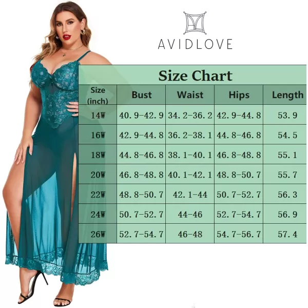 Avidlove Plus Size Lingerie For Women Babydoll Sexy Mesh Maxi Nightdress Strappy Exotic Sleepwear Side SlitsBlue Green