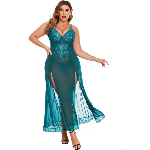 Avidlove Plus Size Lingerie For Women Babydoll Sexy Mesh Maxi Nightdress Strappy Exotic Sleepwear Side SlitsBlue Green