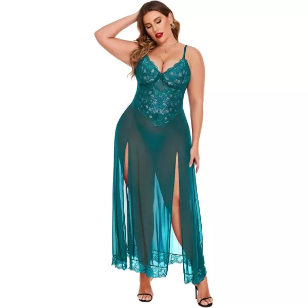 Avidlove Plus Size Lingerie For Women Babydoll Sexy Mesh Maxi Nightdress Strappy Exotic Sleepwear Side SlitsBlue Green