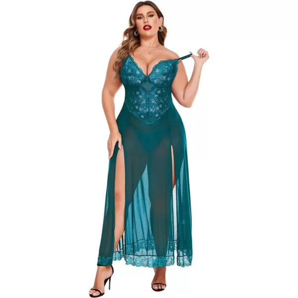 Avidlove Plus Size Lingerie For Women Babydoll Sexy Mesh Maxi Nightdress Strappy Exotic Sleepwear Side SlitsBlue Green