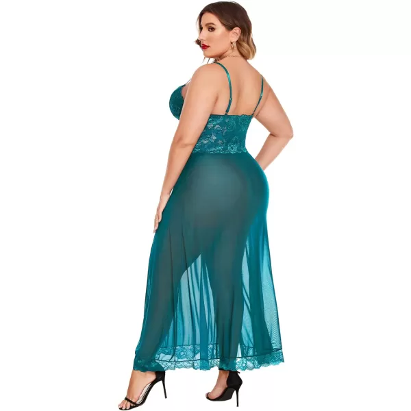 Avidlove Plus Size Lingerie For Women Babydoll Sexy Mesh Maxi Nightdress Strappy Exotic Sleepwear Side SlitsBlue Green