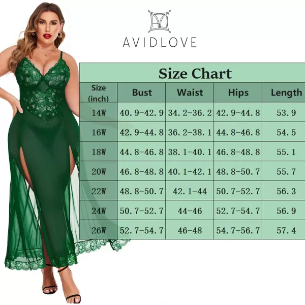 Avidlove Plus Size Lingerie For Women Babydoll Sexy Mesh Maxi Nightdress Strappy Exotic Sleepwear Side SlitsGreen