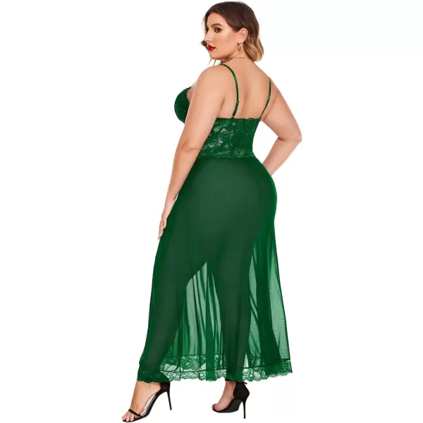 Avidlove Plus Size Lingerie For Women Babydoll Sexy Mesh Maxi Nightdress Strappy Exotic Sleepwear Side SlitsGreen