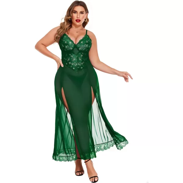 Avidlove Plus Size Lingerie For Women Babydoll Sexy Mesh Maxi Nightdress Strappy Exotic Sleepwear Side SlitsGreen