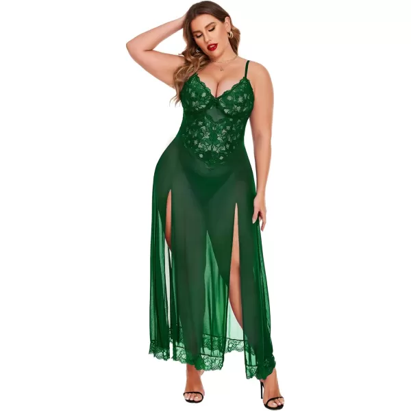 Avidlove Plus Size Lingerie For Women Babydoll Sexy Mesh Maxi Nightdress Strappy Exotic Sleepwear Side SlitsGreen