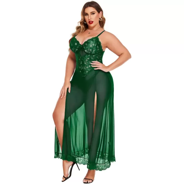 Avidlove Plus Size Lingerie For Women Babydoll Sexy Mesh Maxi Nightdress Strappy Exotic Sleepwear Side SlitsGreen