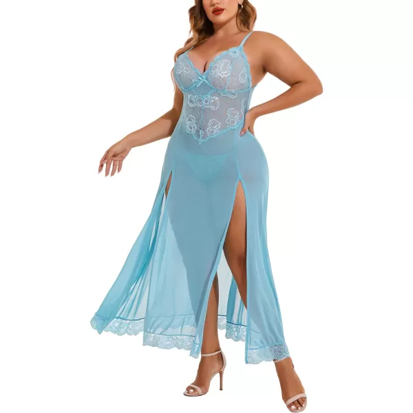 Avidlove Plus Size Lingerie For Women Babydoll Sexy Mesh Maxi Nightdress Strappy Exotic Sleepwear Side SlitsLight Blue