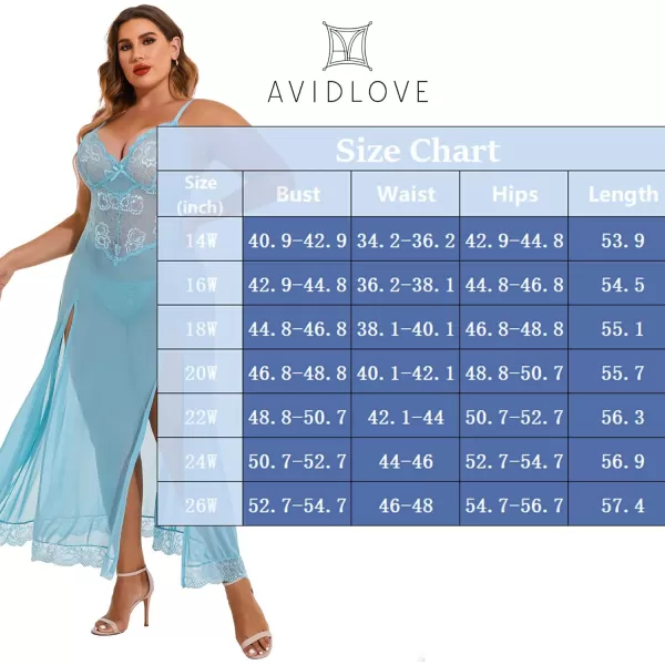 Avidlove Plus Size Lingerie For Women Babydoll Sexy Mesh Maxi Nightdress Strappy Exotic Sleepwear Side SlitsLight Blue