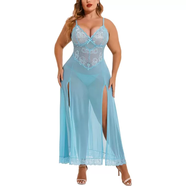 Avidlove Plus Size Lingerie For Women Babydoll Sexy Mesh Maxi Nightdress Strappy Exotic Sleepwear Side SlitsLight Blue