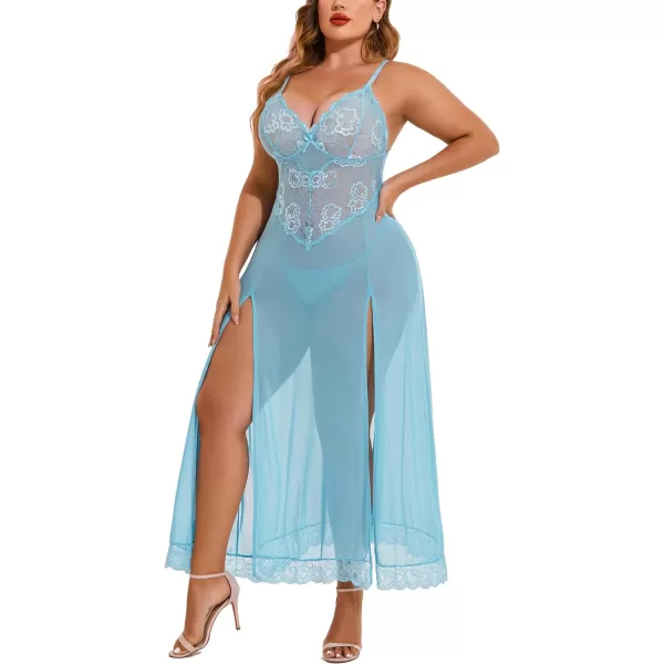 Avidlove Plus Size Lingerie For Women Babydoll Sexy Mesh Maxi Nightdress Strappy Exotic Sleepwear Side SlitsLight Blue