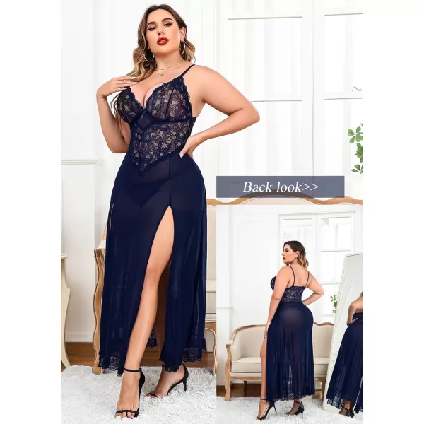 Avidlove Plus Size Lingerie For Women Babydoll Sexy Mesh Maxi Nightdress Strappy Exotic Sleepwear Side SlitsNavy Blue