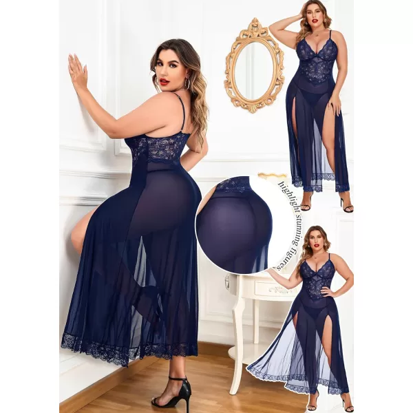 Avidlove Plus Size Lingerie For Women Babydoll Sexy Mesh Maxi Nightdress Strappy Exotic Sleepwear Side SlitsNavy Blue