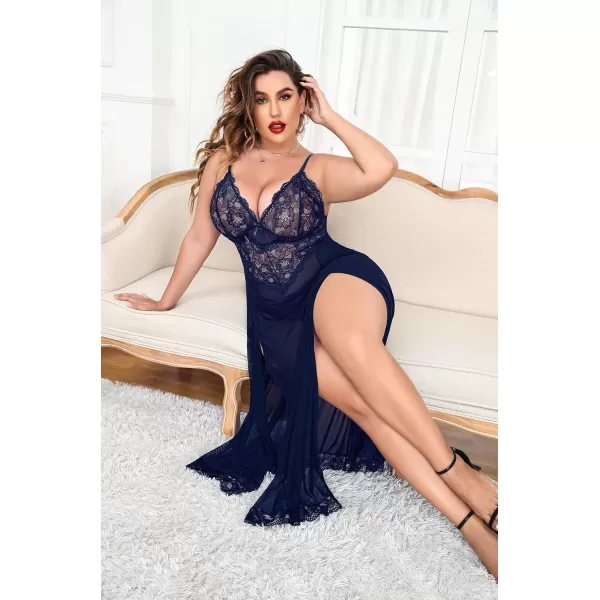 Avidlove Plus Size Lingerie For Women Babydoll Sexy Mesh Maxi Nightdress Strappy Exotic Sleepwear Side SlitsNavy Blue