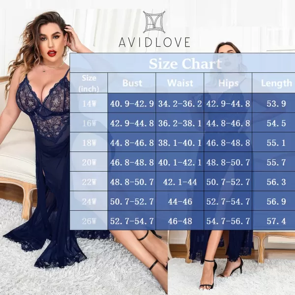 Avidlove Plus Size Lingerie For Women Babydoll Sexy Mesh Maxi Nightdress Strappy Exotic Sleepwear Side SlitsNavy Blue