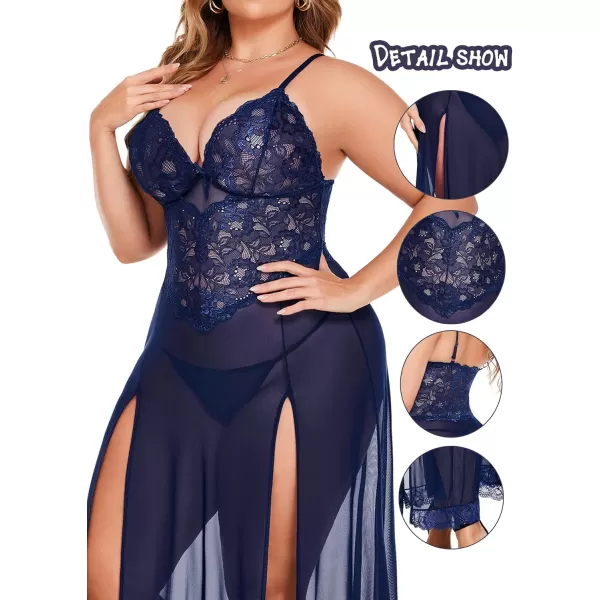 Avidlove Plus Size Lingerie For Women Babydoll Sexy Mesh Maxi Nightdress Strappy Exotic Sleepwear Side SlitsNavy Blue