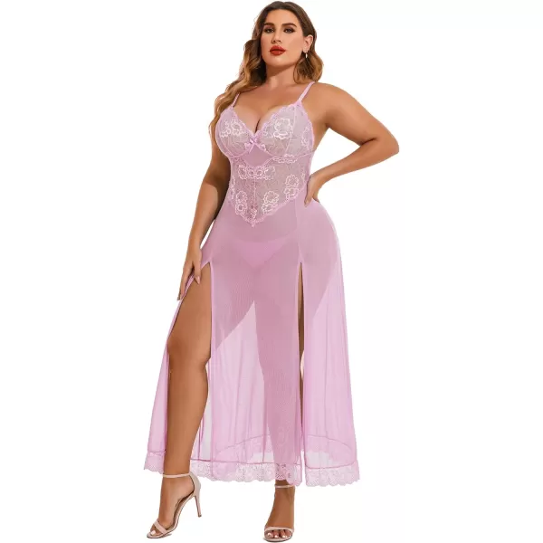 Avidlove Plus Size Lingerie For Women Babydoll Sexy Mesh Maxi Nightdress Strappy Exotic Sleepwear Side SlitsPink