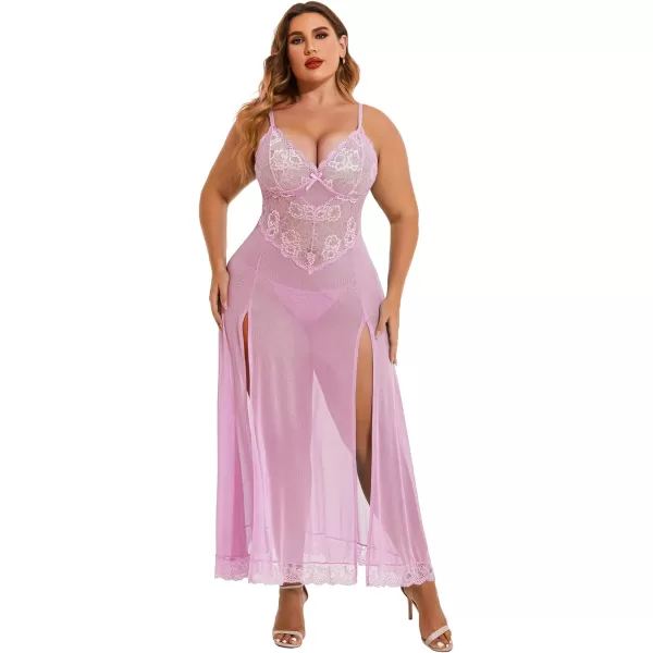 Avidlove Plus Size Lingerie For Women Babydoll Sexy Mesh Maxi Nightdress Strappy Exotic Sleepwear Side SlitsPink