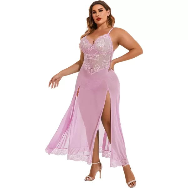 Avidlove Plus Size Lingerie For Women Babydoll Sexy Mesh Maxi Nightdress Strappy Exotic Sleepwear Side SlitsPink