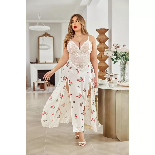 Avidlove Plus Size Lingerie For Women Babydoll Sexy Mesh Maxi Nightdress Strappy Exotic Sleepwear Side SlitsPink Flower