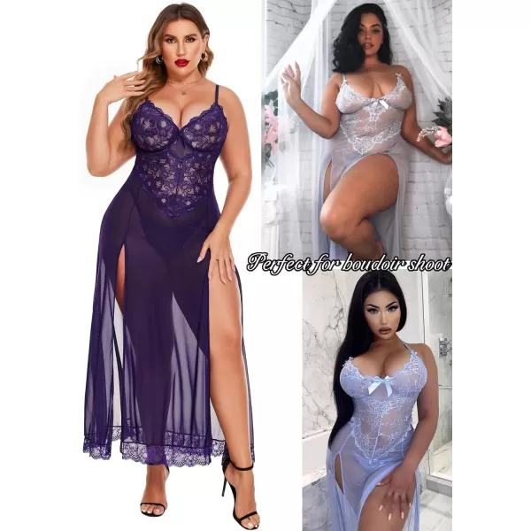 Avidlove Plus Size Lingerie For Women Babydoll Sexy Mesh Maxi Nightdress Strappy Exotic Sleepwear Side SlitsPurple