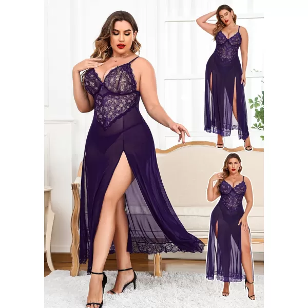 Avidlove Plus Size Lingerie For Women Babydoll Sexy Mesh Maxi Nightdress Strappy Exotic Sleepwear Side SlitsPurple