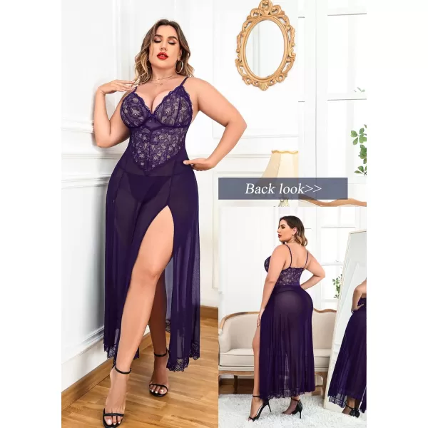 Avidlove Plus Size Lingerie For Women Babydoll Sexy Mesh Maxi Nightdress Strappy Exotic Sleepwear Side SlitsPurple